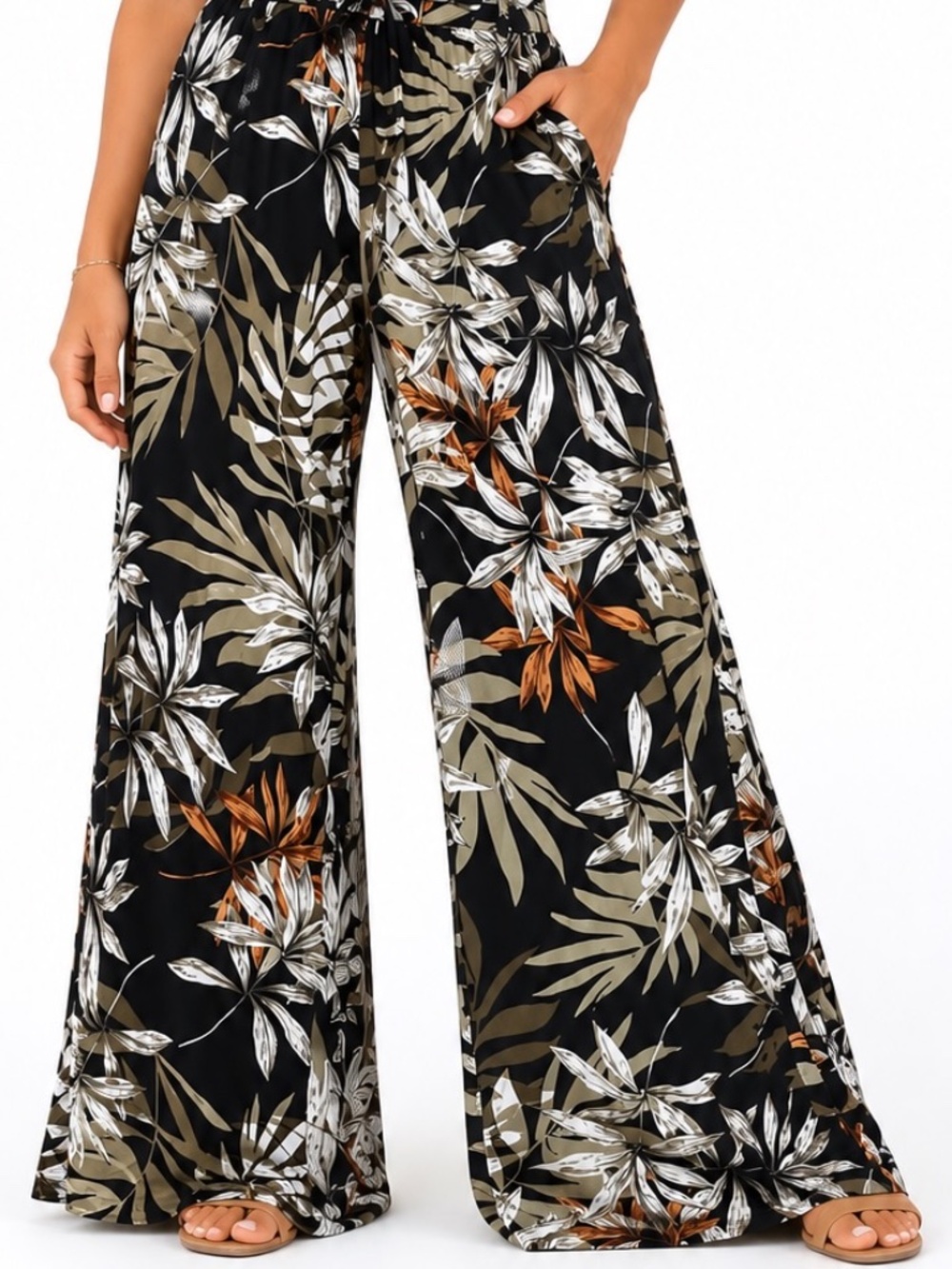 INC Palazzo Pants Womens Size Medium Neutral Floral Coastal Vacation Cruisewear